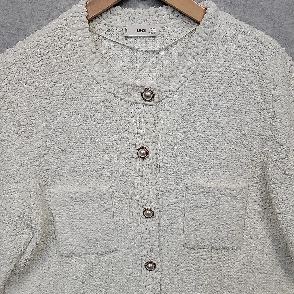 MANGO Womens XL Boucle Texture Knit Jewel Button‎ Cardigan Lady Sweater White